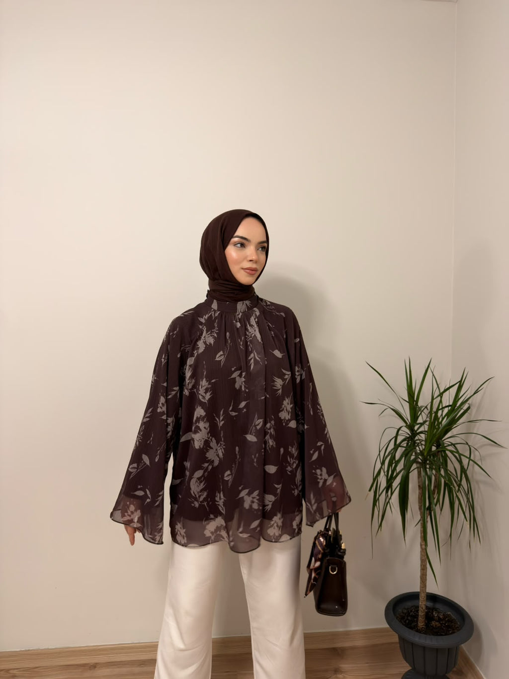 Baskılı Oversize Bluz Kahverengi