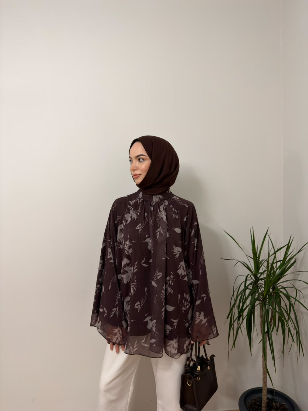 Baskılı Oversize Bluz Kahverengi