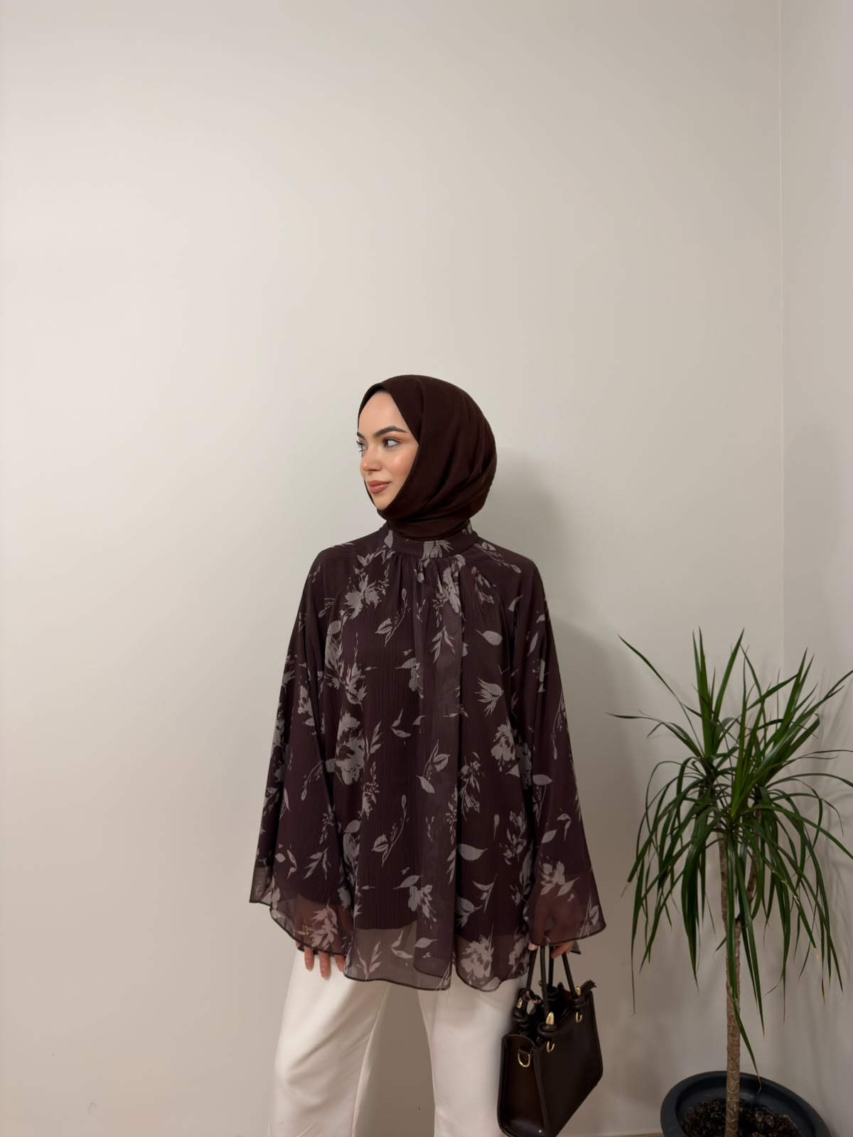 Baskılı Oversize Bluz Kahverengi