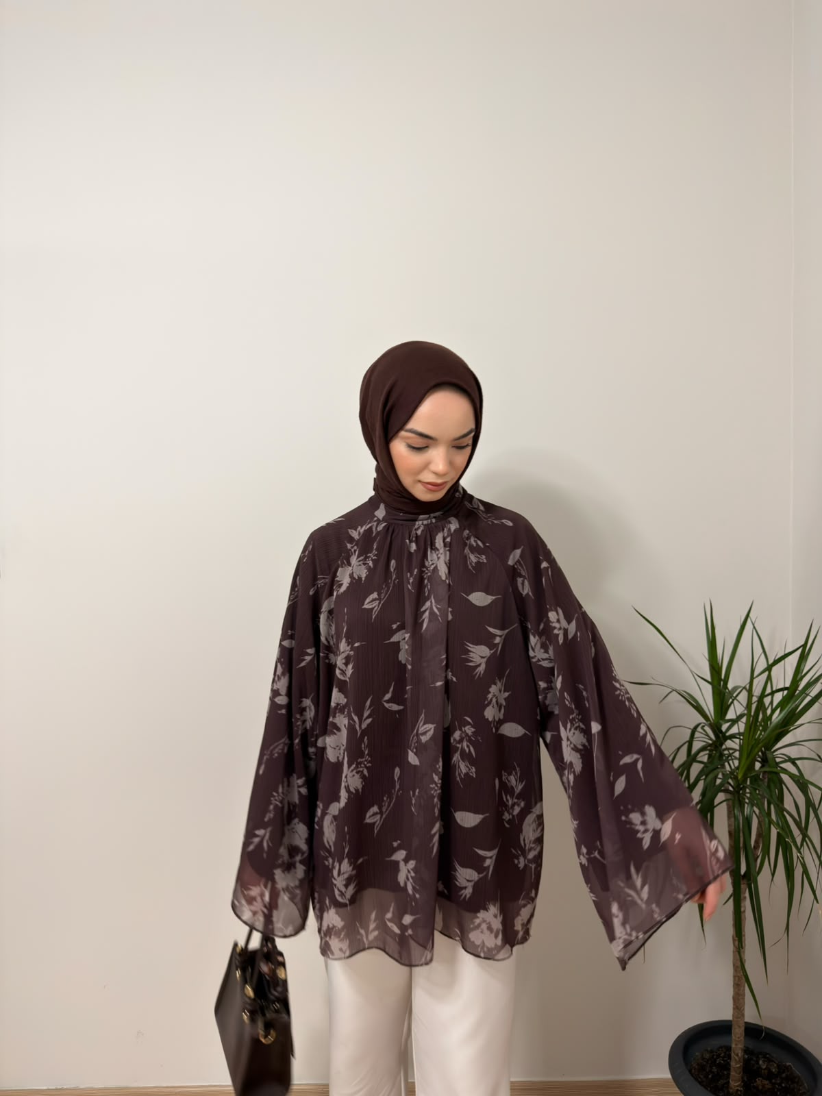 Baskılı Oversize Bluz Kahverengi
