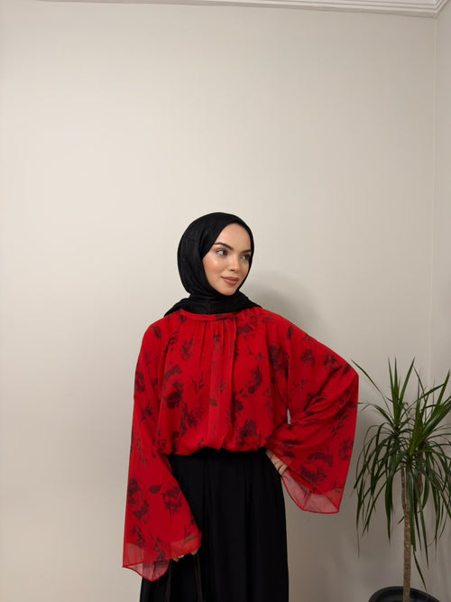 Baskılı Oversize Bluz Kırmızı