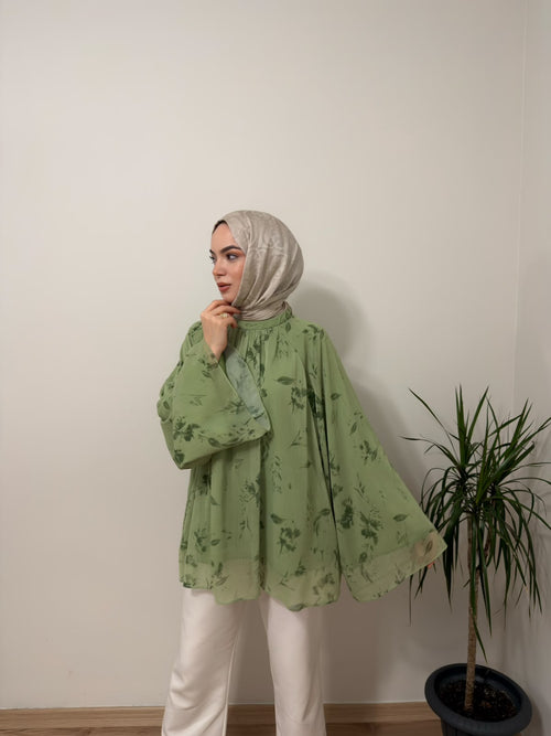 Baskılı Oversize Bluz Yeşil
