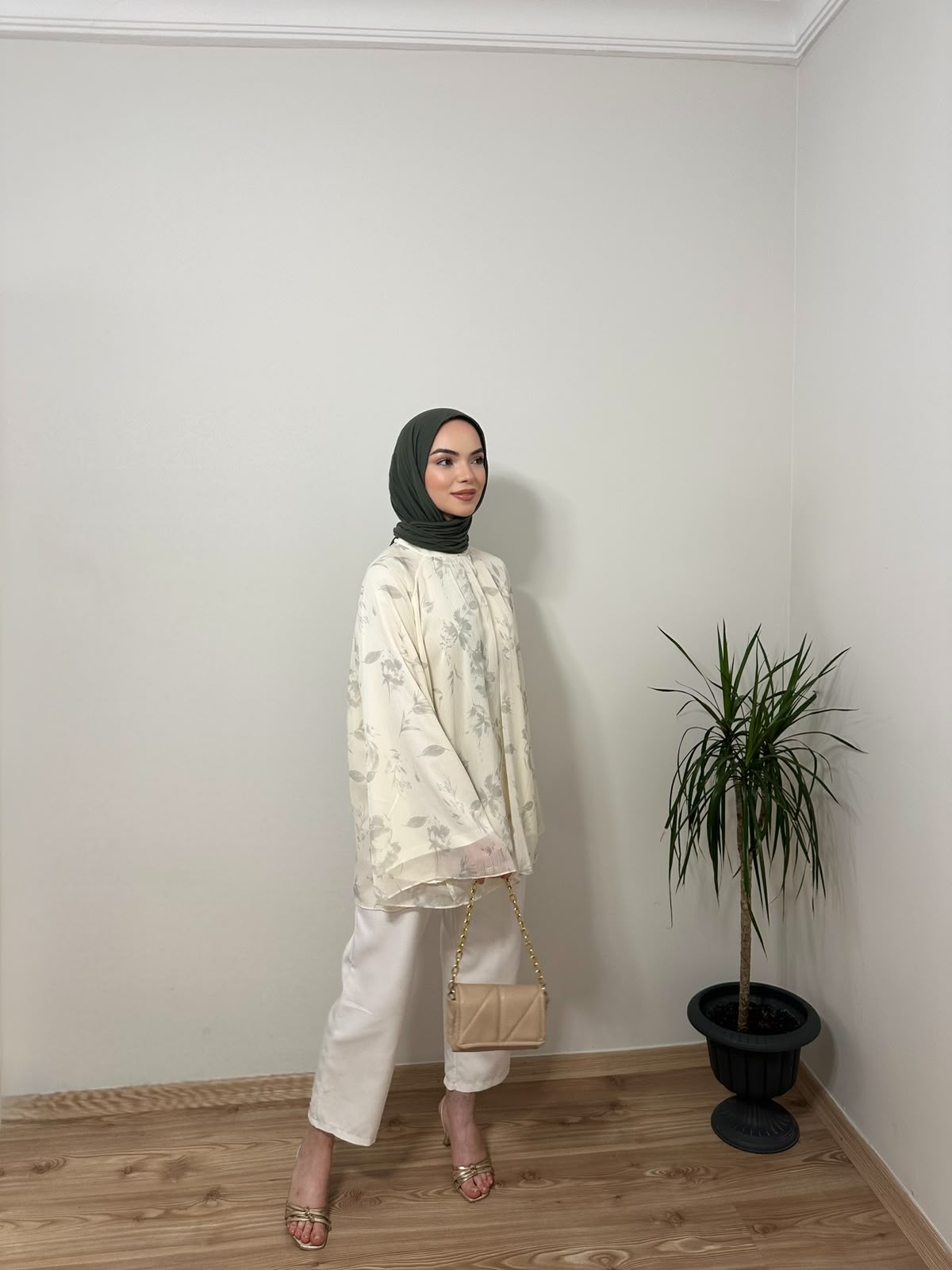 Baskılı Oversize Bluz Ekru