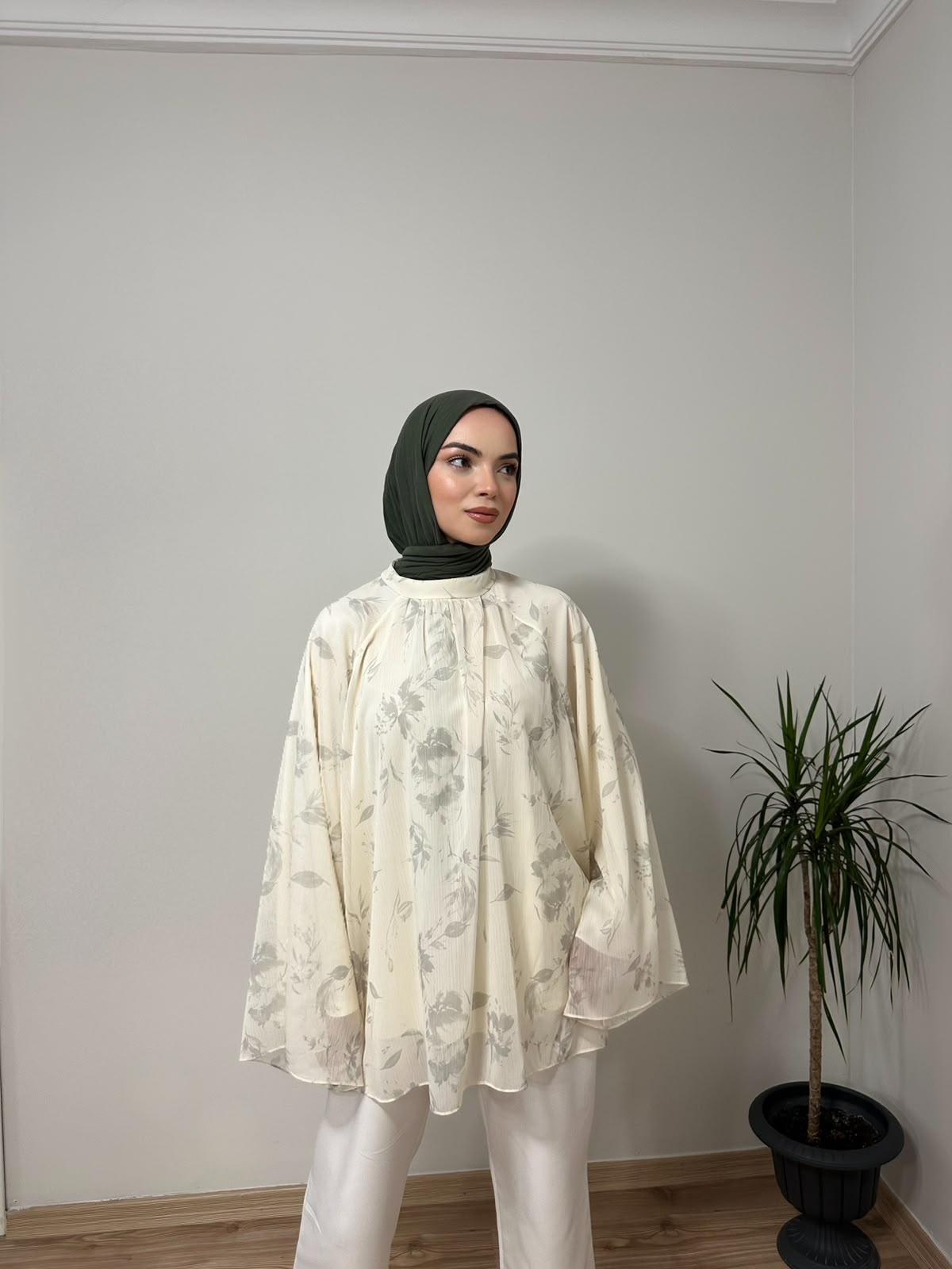 Baskılı Oversize Bluz Ekru