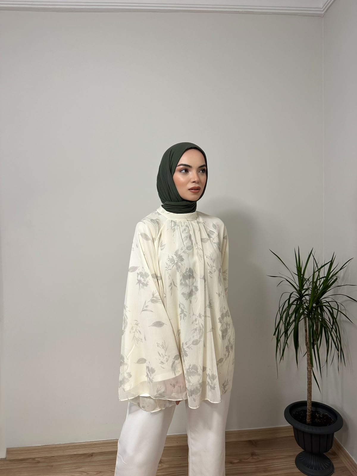 Baskılı Oversize Bluz Ekru