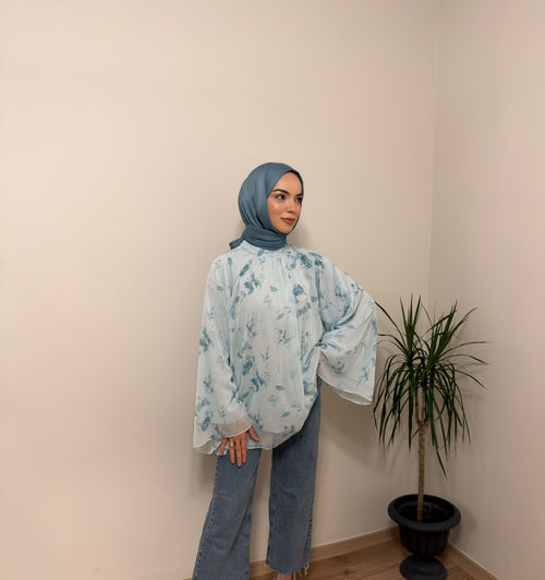 Baskılı Oversize Bluz Mavi