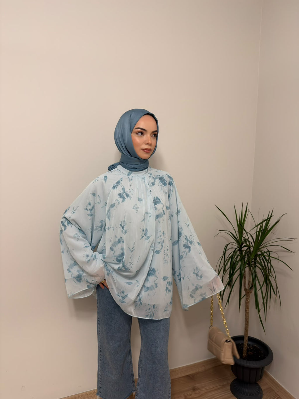 Baskılı Oversize Bluz Mavi