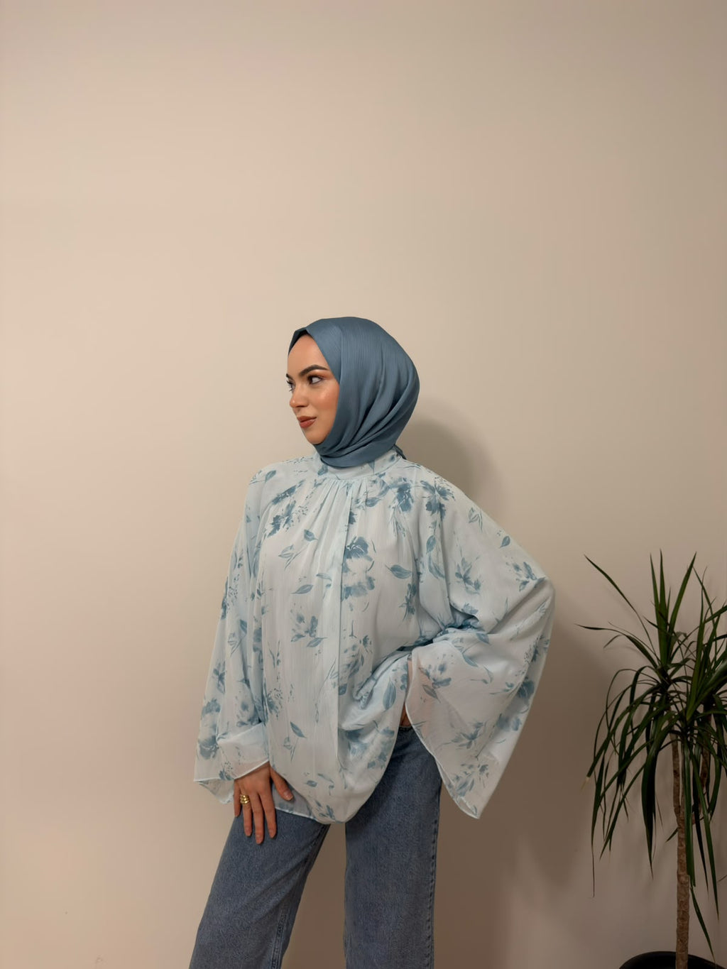 Baskılı Oversize Bluz Mavi