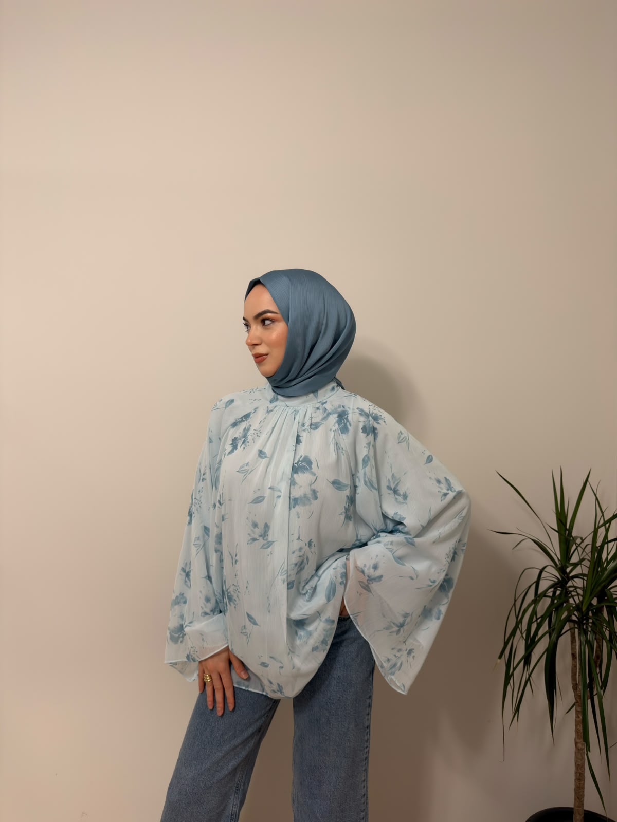 Baskılı Oversize Bluz Mavi